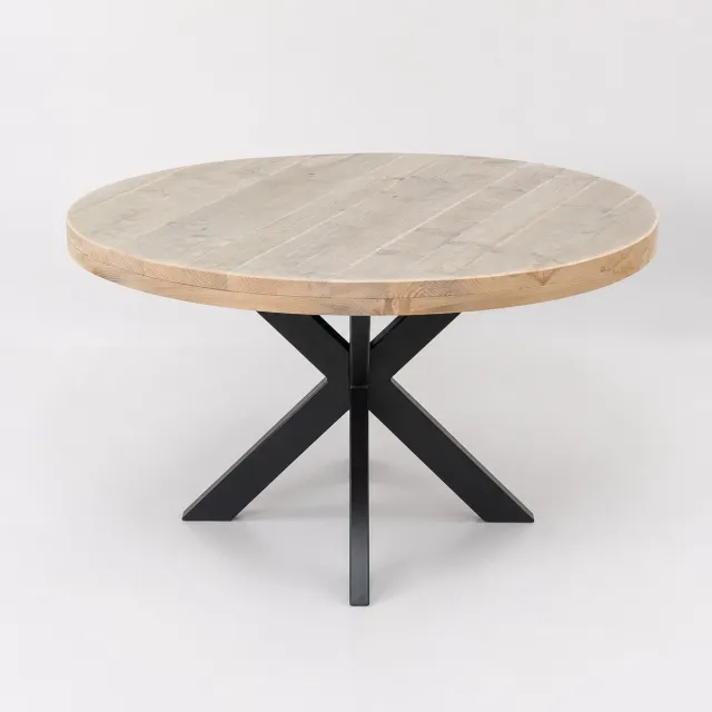 Meubelproductie Ronde steigerhouten tafel met stalen poot - Handgemaakt! Verouderd steigerhout en zwart onderstel