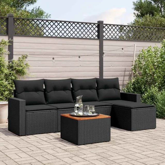 vidaXL 6-delige Loungeset met kussens poly rattan zwart