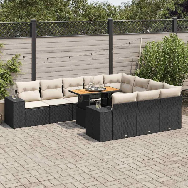 vidaXL 10-delige Loungeset met kussens poly rattan acacia zwart, foto 2