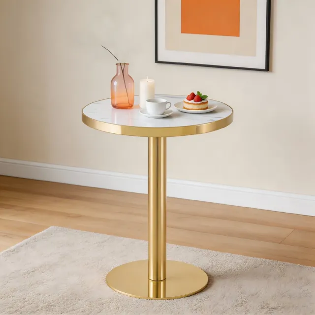 Wishdor Ronde bijzettafel - Marmerlook tafelblad - goudkleurig rvs frame - modern - stabiele ronde voet - wit/goud - 60 x 74 cm Wit + goud