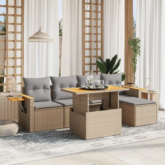vidaXL 6-delige Loungeset met kussens poly rattan beige, foto 2