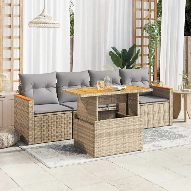 vidaXL 5-delige Loungeset met kussens poly rattan en acaciahout beige, foto 2
