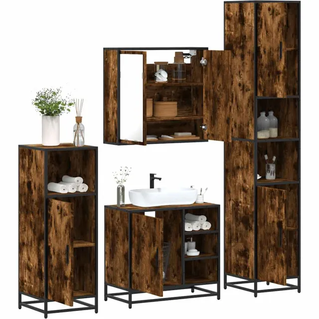 vidaXL 4-delige Badkamermeubelset bewerkt hout gerookt eikenkleurig Bruin