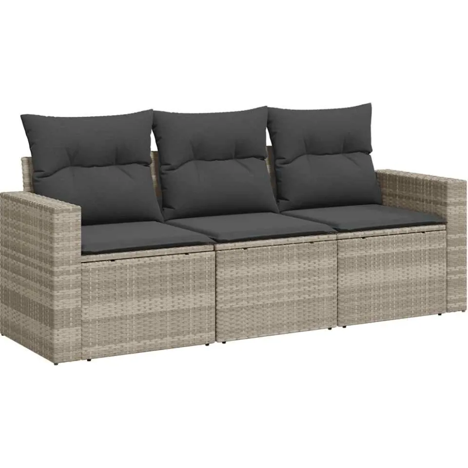 vidaXL 3-delige Loungeset met kussens poly rattan lichtgrijs grijs, foto 3
