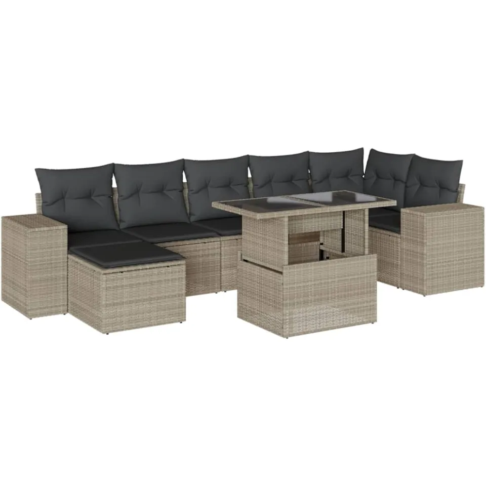 vidaXL 8-delige Loungeset met kussens poly rattan lichtgrijs grijs