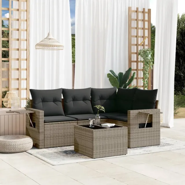 vidaXL 5-delige Loungeset met kussens poly rattan grijs, foto 2
