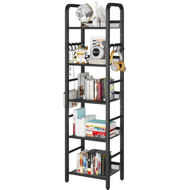 Famanu Boekenplank, boekenkast, 5-laags opbergplank, metalen rek, 8 stuks S-haken, moderne stijl, 36 x 27 x 146 cm, hoekplank, displayunits voor woonkamer, slaapkamer, kantoor, zwart