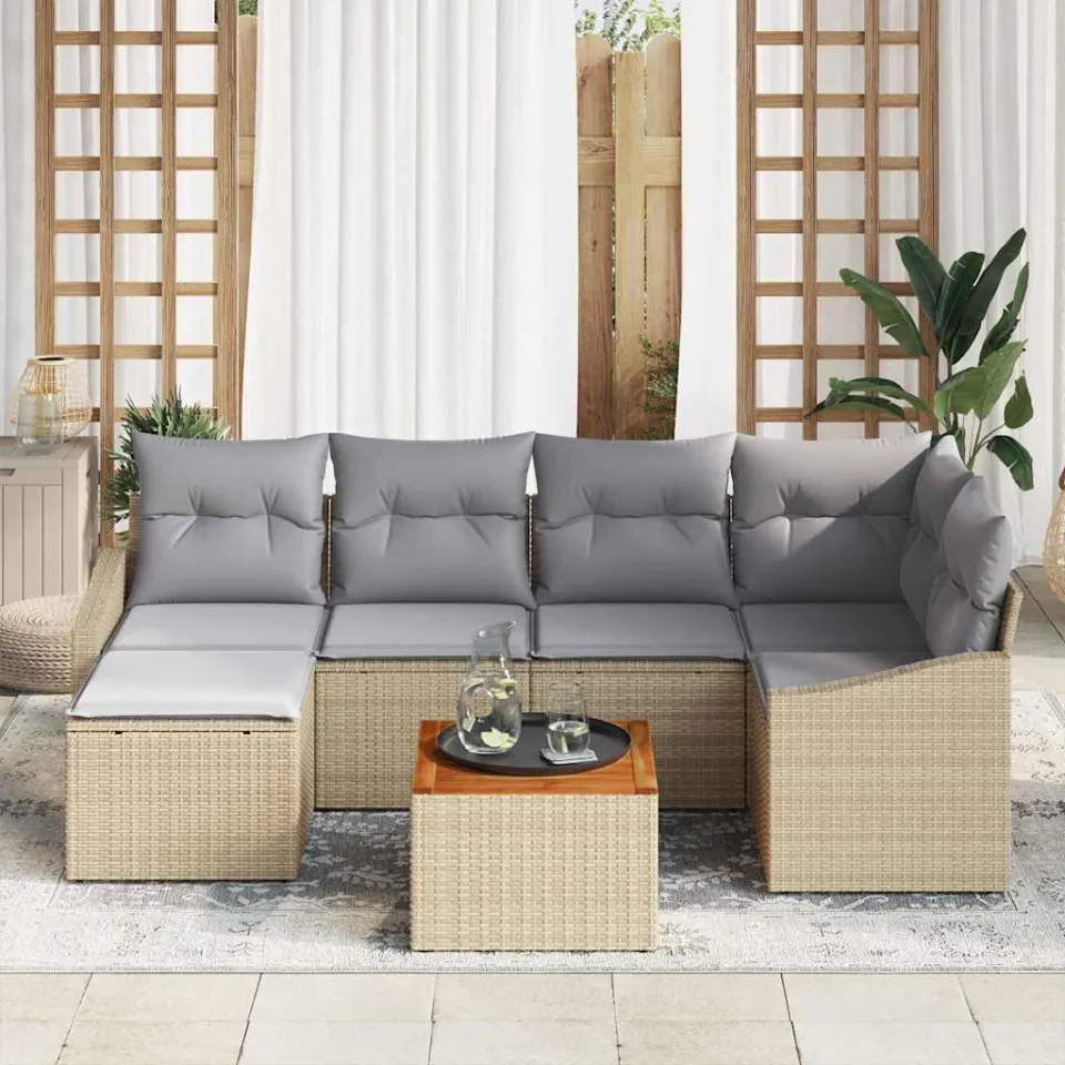 vidaXL Tuinbankenset 7 st Beige en Licht Grijs poly rattan, foto 3
