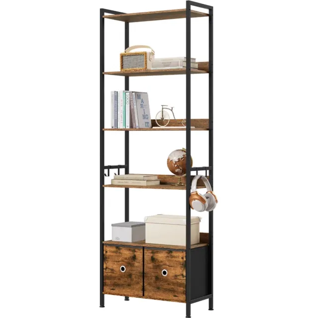 RosaBloom boekenkast - Kast - Opbergkast - Stalen frame - 5 lagen - 2 lades - 63x187x30 cm - Industrieel - Zwart/bruin
