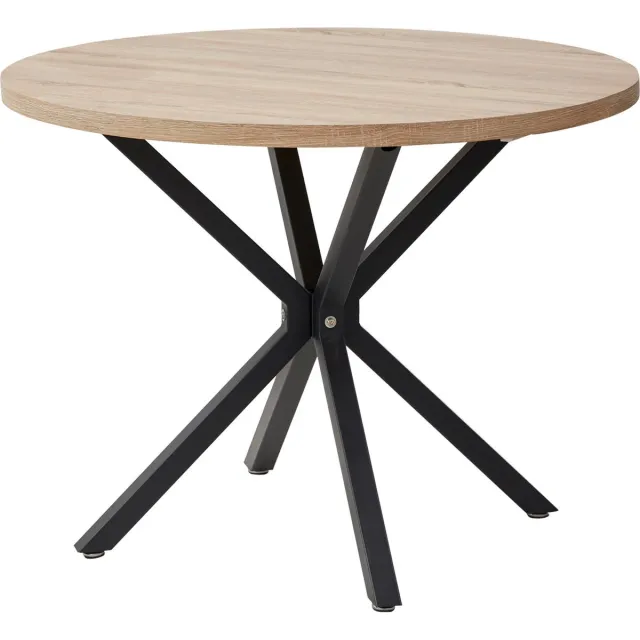 KTN® Eettafel - Tafel - Rond - Metalen Kruispoot - Massief Hout - Zwarte Poten - Licht Eiken Tafelblad - 100 cm Bruin
