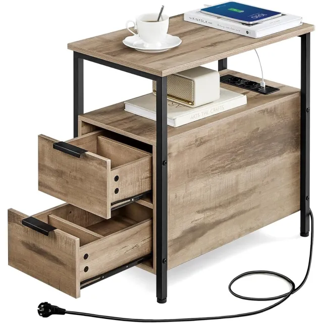 FurnStar Bijzettafel - nachtkastje met stekkerdoos - 2 laden - banktafel - nachtkastje voor woonkamer - slaapkamer - camelbruin-inktzwart