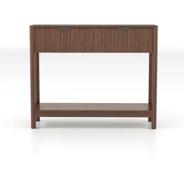 SONNENH Smalle sidetable met 2 laden en onderplank - Walnootlook - 100 x 29,5 x 81,5 cm