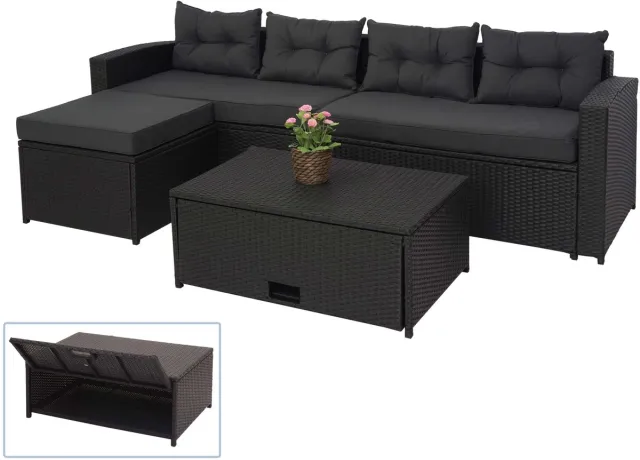 MCW Poly-rattan set MCW-J34, balkon/tuin/lounge set Bank, opbergvak ~ zwart, donkergrijze kussens