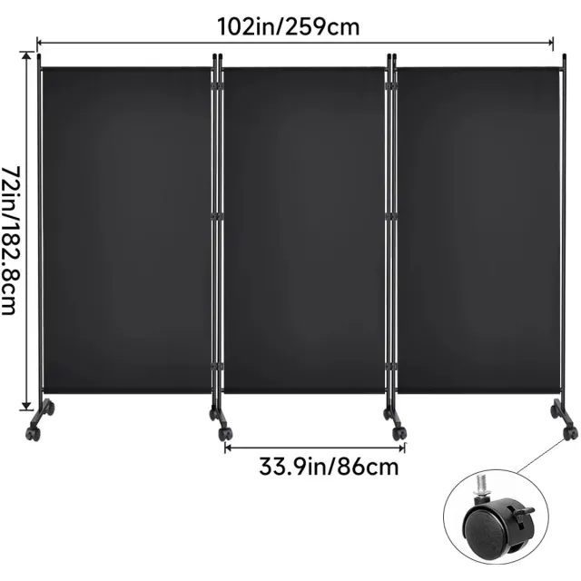 JOYNEXTBUY Opvouwbare Kamerverdeler 3 Panelen – 260x180cm - Verrijdbaar Privacyscherm met Wielen en Rem – 360° Draaibare Scheidingswand – Polyester & Stalen Frame – Voor Huis, Kantoor & Tuin Zwart