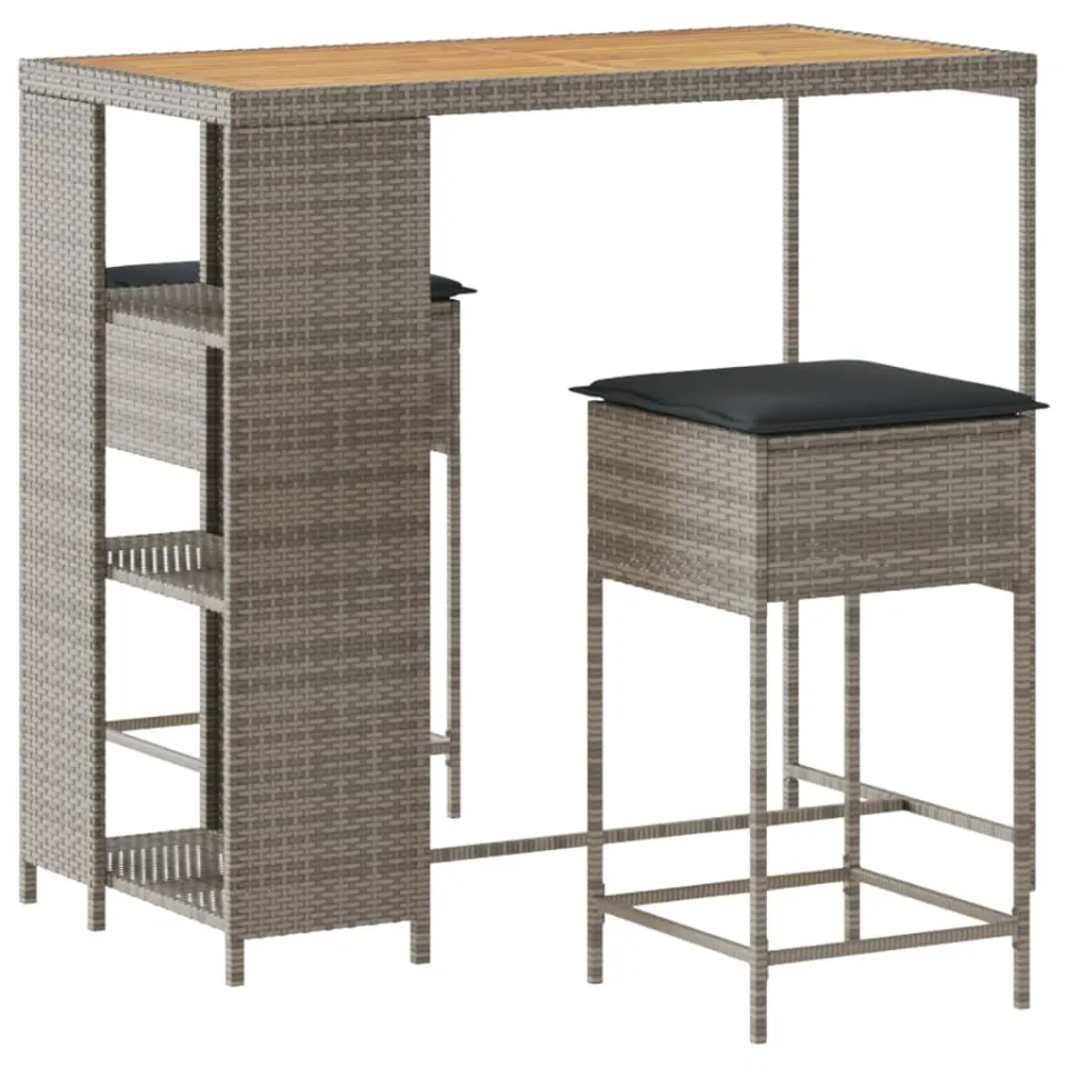 vidaXL 3-delige Tuinbarset met kussens poly rattan grijs
