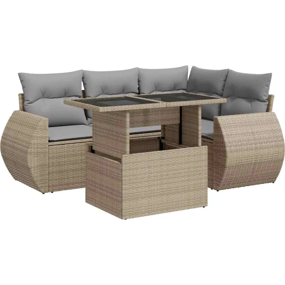 vidaXL 5-delige Loungeset met kussens poly rattan beige, foto 3