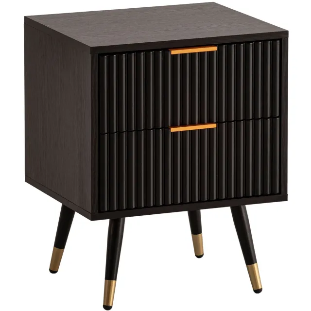Cosmo Casa Nachtkastje - Bijzettafel met 2 Lades – Zwarte Eikenlook – Lamellenfronten – Goudkleurige Accenten – 43,5 x 39 x 56 cm