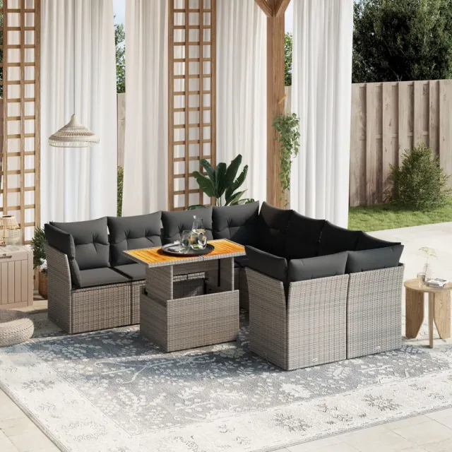 vidaXL 9-delige Loungeset met kussens poly rattan grijs, foto 2
