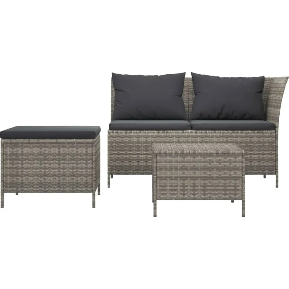 vidaXL 3-delige Loungeset met kussens poly rattan grijs, foto 4