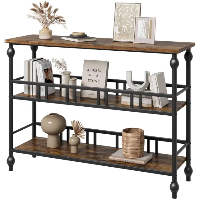 HOERFURIY Industriële Sidetable - Wandtafel met 3 Lagen - Smalle Consoletafel met Romeinse Stijl Poten - Haltafel voor Woonkamer & Gang - 109 x 30 x 80 cm bruin
