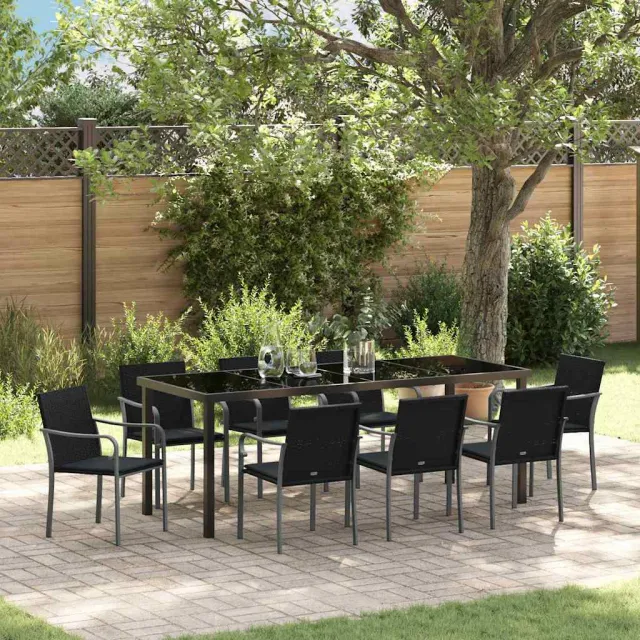 vidaXL Tuin eettafelset 9 st Zwart en Grijs PE Rattan