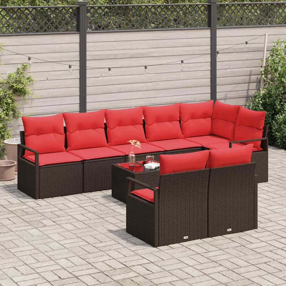 vidaXL Tuinbankenset 9 st Bruin en Rood poly rattan, foto 3