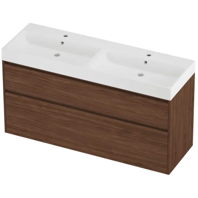 Proline Podium Badmeubelset Polystone Loft 2 Gaten 140x46x75 cm Mat White Indian Walnut Houtlook
