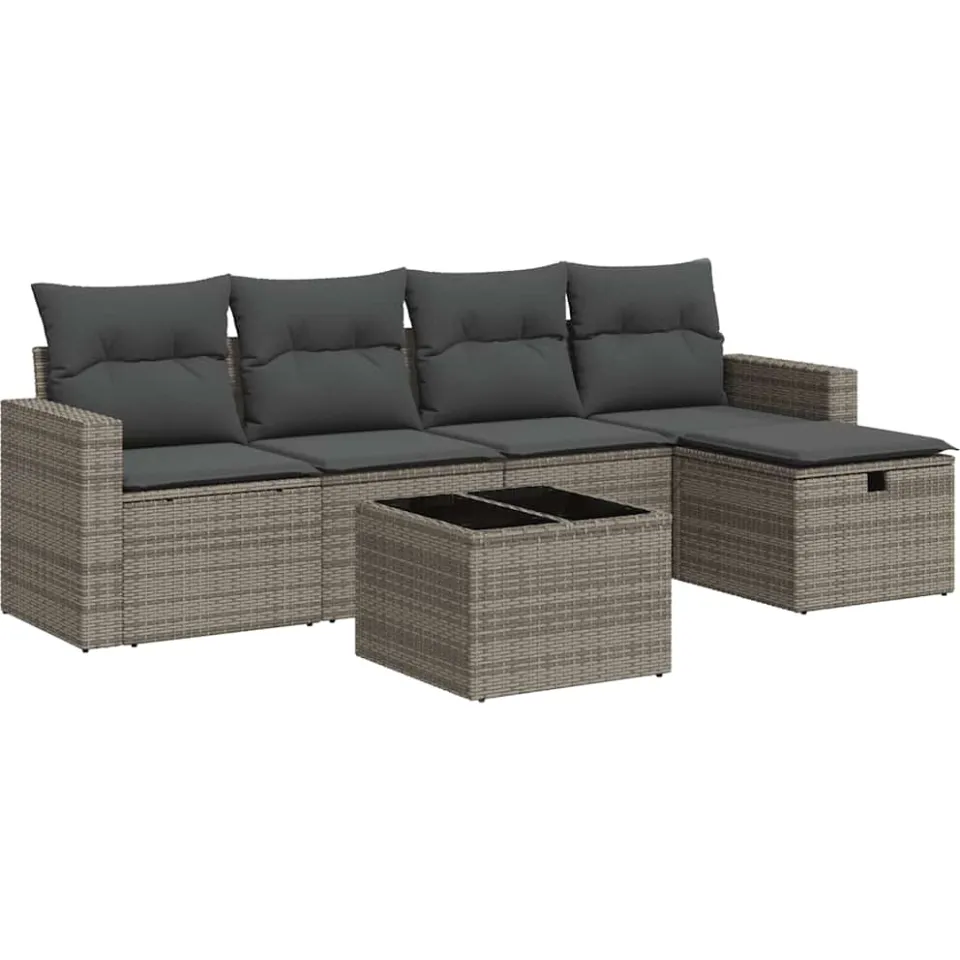 vidaXL 6-delige Loungeset met kussens poly rattan grijs, foto 3