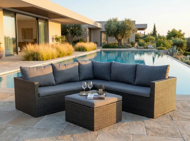 Vonato Loungeset Ibiza 4-delig | Antraciet Wicker & Grijze Kussens | 5 Zitplaatsen | Aluminium Frame | incl. Hocker