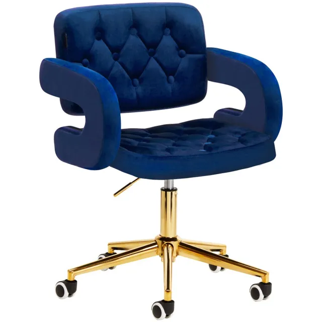 4rico Fluwelen Bureaustoel Marineblauw met Goud Onderstel QS-OF213G – Verstelbare Salonstoel & Bureaustoel voor Salon, Kantoor en Receptie