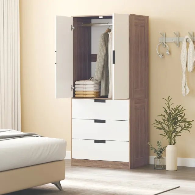 TEKROA Kledingkast – Moderne kledingkast - met 3 lades - 2 deuren en kledingroede -80W x 50D x 180H cm - wit/bruin