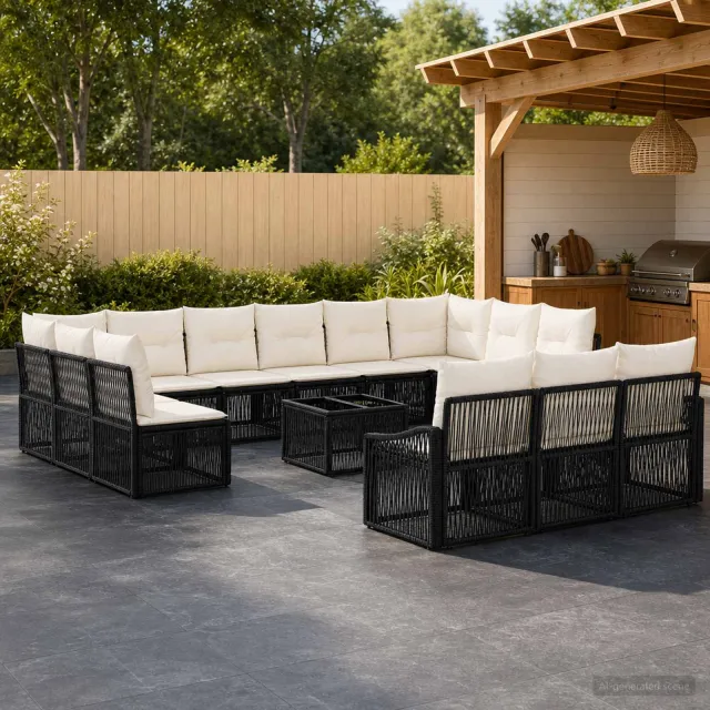 vidaXL Tuinbankenset 14 st 13-zits Zwart poly rattan, foto 2