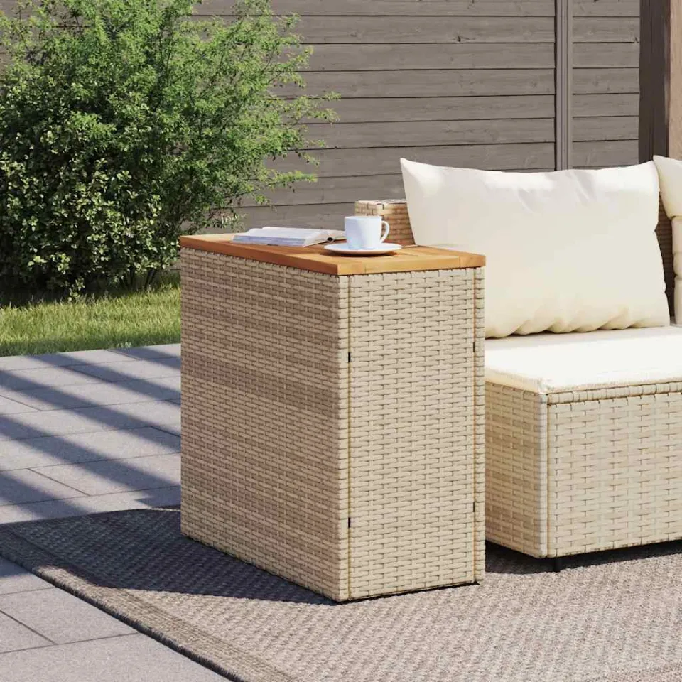 vidaXL Tuinbijzettafel met houten blad 58x27,5x55 cm poly rattan beige, foto 3
