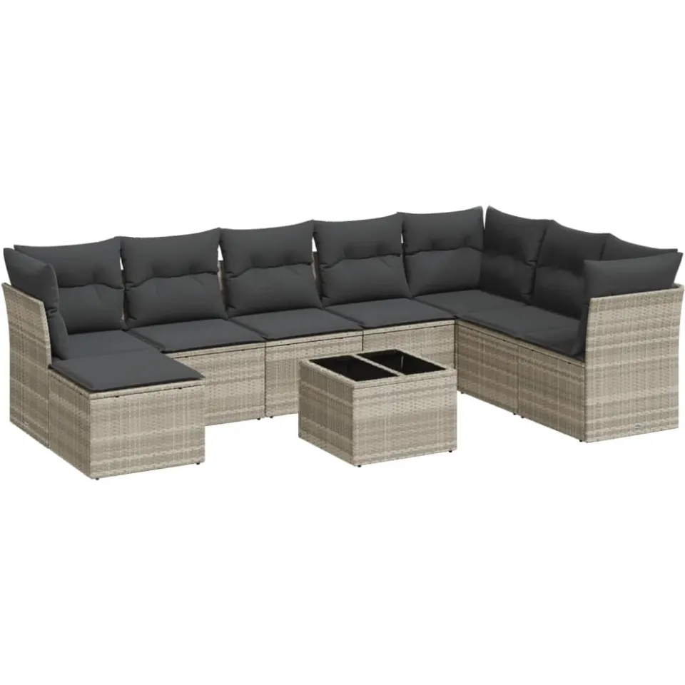 vidaXL 9-delige Loungeset met kussens poly rattan lichtgrijs