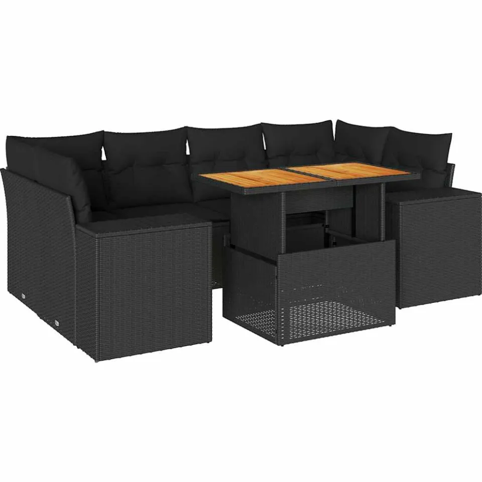 vidaXL 7-delige Loungeset met kussens poly rattan zwart, foto 3