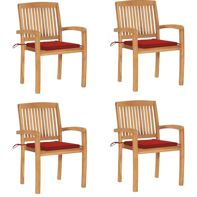 vidaXL Tuinstoelen stapelbaar 4 st met kussens massief teakhout Rood