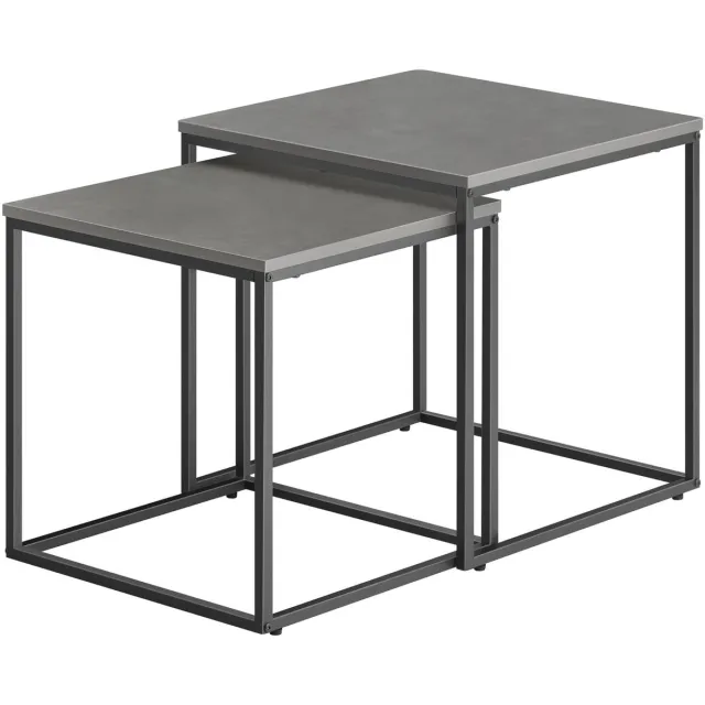 Oskar Salontafel set van 2 - Betonlook met zwarte metalen poten - Vierkante bijzettafels 50 en 45 cm - Industrieel en ruimtebesparend