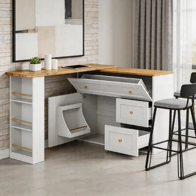 KOMHTOM Uitschuifbare bartafel met opbergruimte - Keukenkast - Dressoir met snackplank - Telescopische bartafel statafel bistrotafel hoge tafel kookeiland - 138-204x39x105 cm - Wit