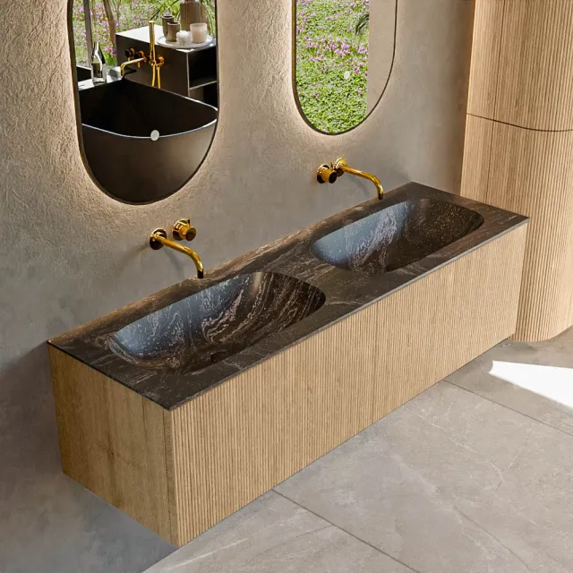 Mondiaz KURVE-DLUX 150 cm Onderkast Greeploos 2 Lades Zonder Deuren Oak, Wastafel Solid Surface Dubbel Lava 0 Kraangaten Zonder Spiegel (KRVSTS1502L0D0KD-Oak/Lav)