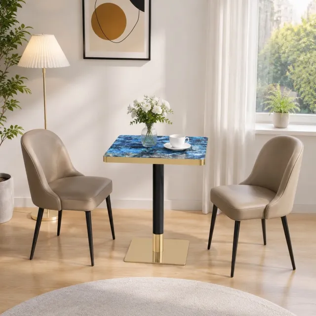 REDOM Eettafel - Vierkant ontwerp met marmerlook en gouden rand - Metalen onderstel - Moderne stijl - Voor kleine ruimtes - MDF - Blauw - 60 x 60 x 74 cm