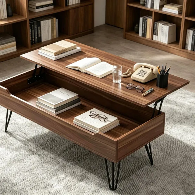 learnlogic Opklapbare salontafel 100x50x55 cm met opbergruimte ruime verborgen planken verstelbaar Walnootbruin