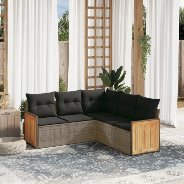 vidaXL 5-delige Loungeset met kussens poly rattan grijs, foto 2