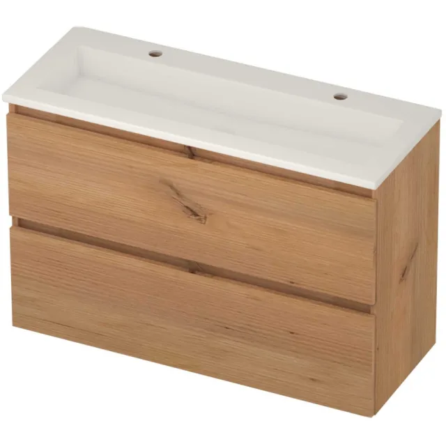 Basic-Line Mood 39 Badmeubelset Acryl 2 Kraangaten Greeploos 100x39x62 cm Whisky Oak Glans Wit