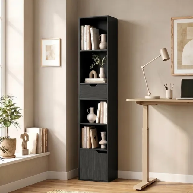 REDOM Boekenkast - 4 open vakken - Lade en onderkast - Verstelbaar bovenste vak - Vrijstaand - Spaanplaat - Zwart - 30 x 24 x 158 cm