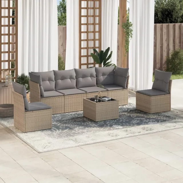 vidaXL 7-delige Loungeset met kussens poly rattan beige, foto 2