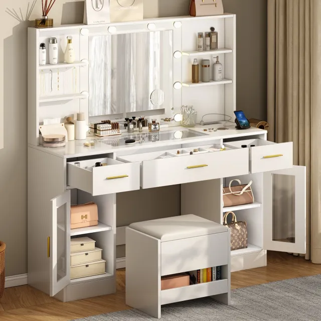 Mihtrov Kaptafel - Make Up Tafel - Inclusief Krukje - Met Groots Spiegel en 10 LED Lampen - Met Stopcontacten & USB-poorten - 3 Lichtkleuren - Transparant Tafelblad - 3 Lades en 2 Kasten met 4 Planken - 140H x 115B x 40D cm - Voor Slaapkamer Kleedkamer - Wit