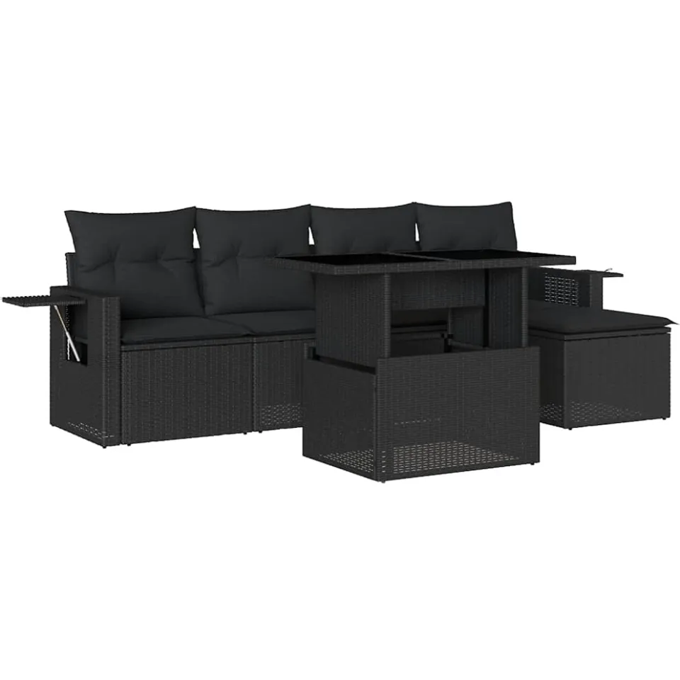 vidaXL 6-delige Loungeset met kussens poly rattan zwart