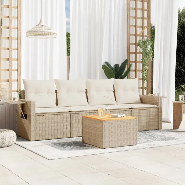 vidaXL 5-delige Loungeset met kussens poly rattan beige, foto 2