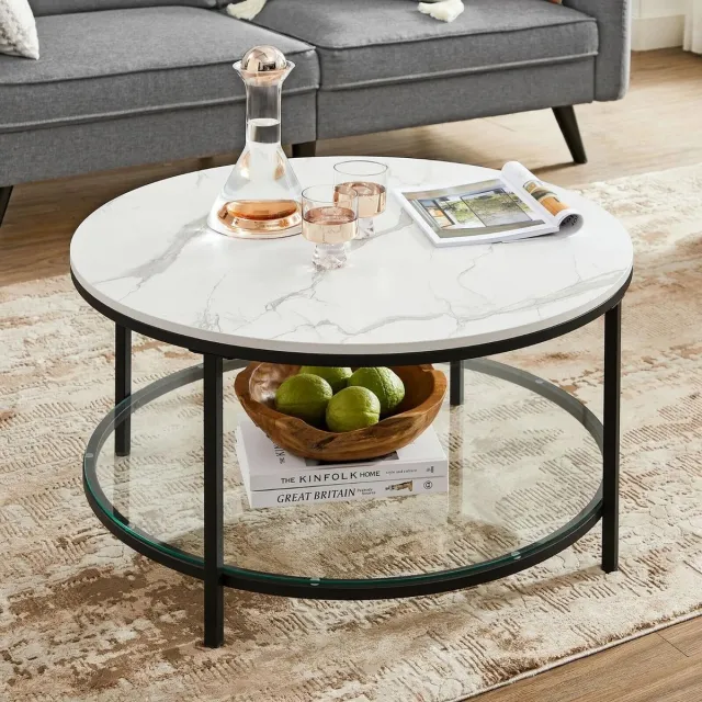 Skye Decor Salontafel woonkamertafel banktafel voor woonkamer met glasplaat veel opbergruimte eenvoudige montage moderne stijl witte marmerlook Zwart frame 80 x 44.5 cm