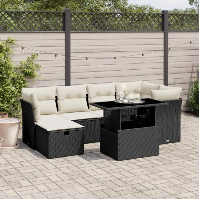 vidaXL 7-delige Loungeset met kussens poly rattan zwart, foto 2